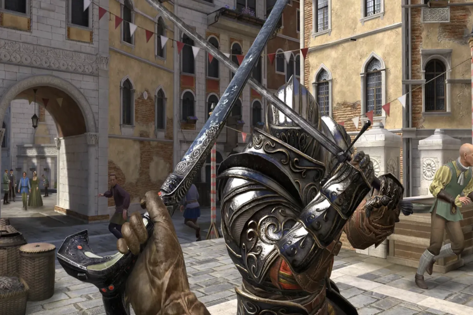 Combate con espadas contra un enemigo con armadura en Assassin’s Creed Nexus VR.
