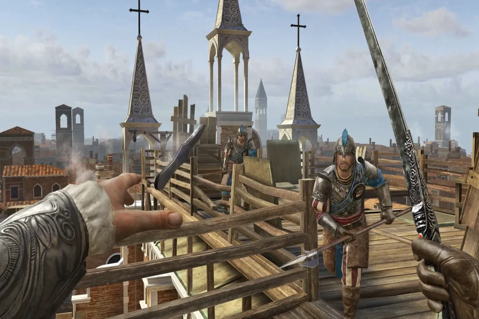 Batalla contra varios enemigos sobre los tejados en Assassin’s Creed Nexus VR.