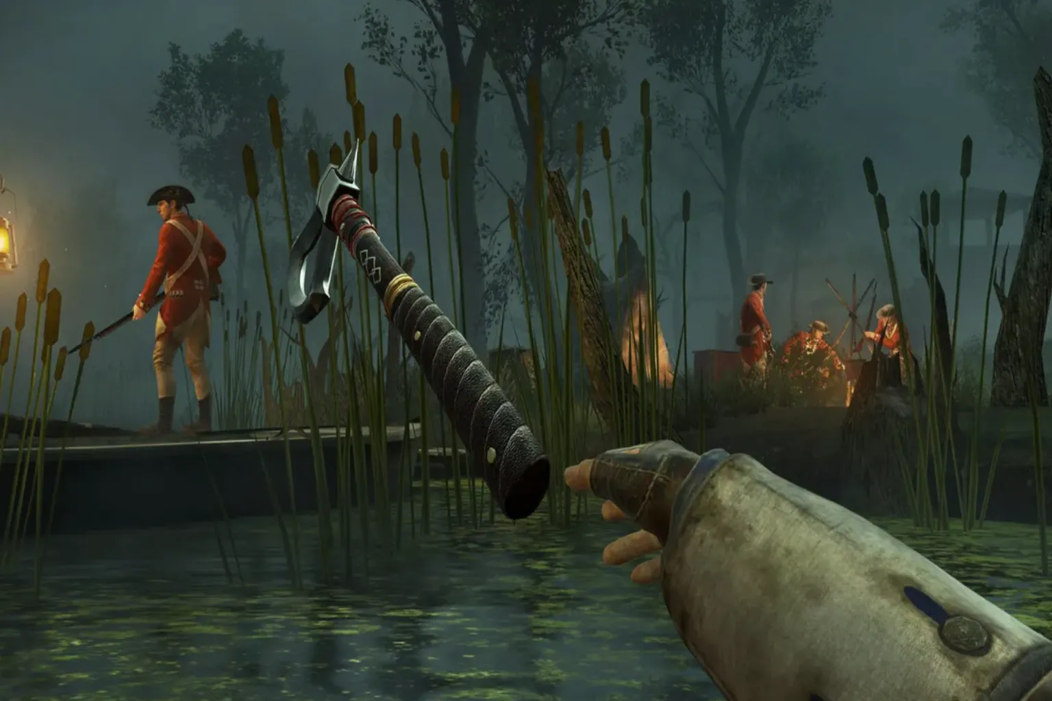 Infiltración en un pantano con un tomahawk en Assassin’s Creed Nexus VR.