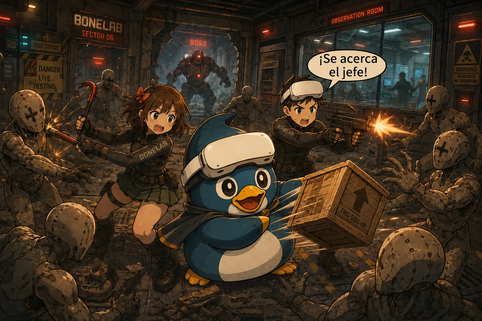 Mengmeng y Gugu luchan contra varios enemigos en BONELAB mientras se acerca el jefe, con el pingüino de VRPUPU cargando una caja en medio del combate.