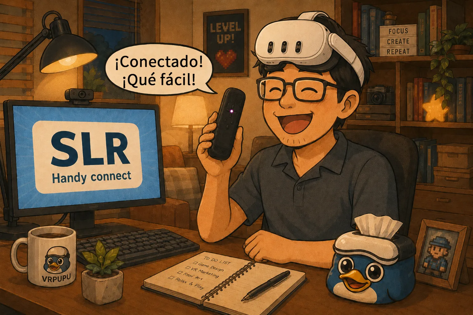 El padre de Mengmeng conecta The Handy con SLR mientras lleva un visor Meta Quest y sostiene el dispositivo