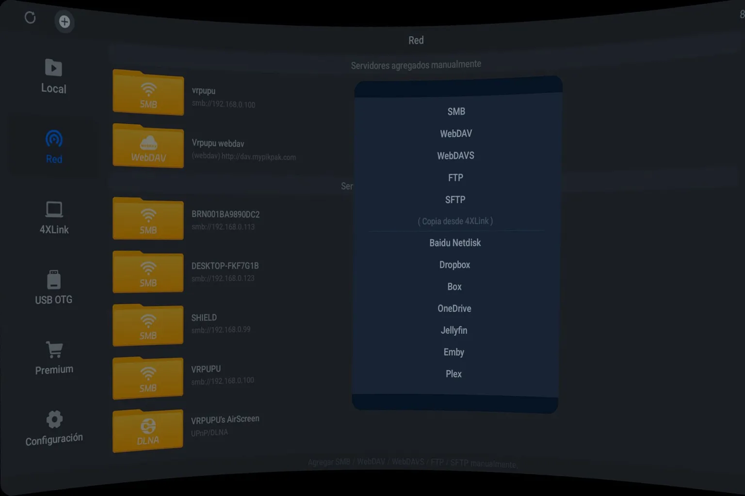 Servicios de red compatibles con 4XVR Player, incluidos SMB, WebDAV, Dropbox, OneDrive, Jellyfin, Emby y Plex.
