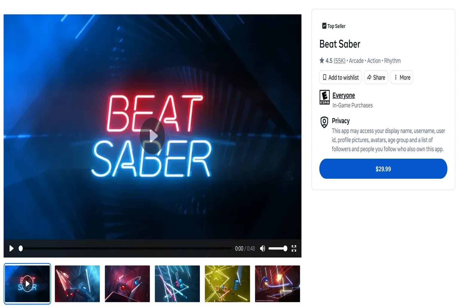 Precio de Beat Saber en la Meta Quest Store de Estados Unidos: 29,99 dólares.