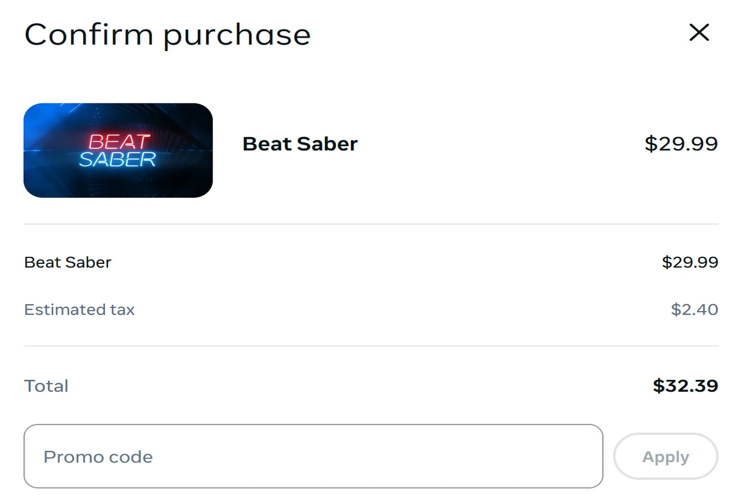 Pantalla de compra de Beat Saber en Estados Unidos con 2,40 dólares de impuestos y un total de 32,39 dólares.