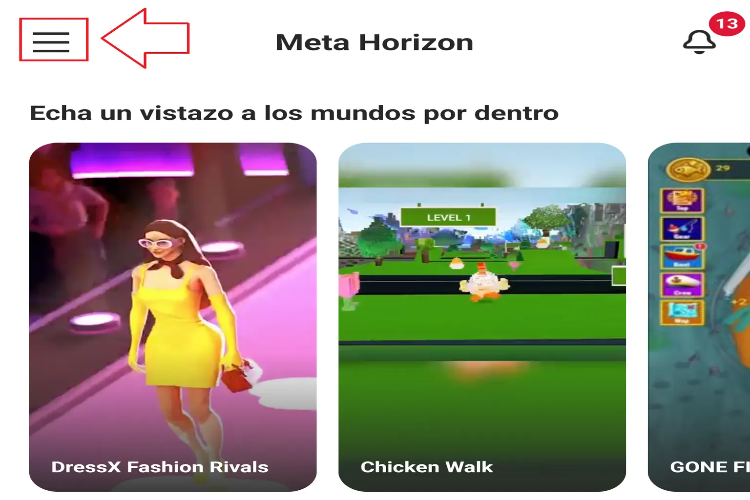 Pantalla principal de la aplicación Meta Horizon con el botón de menú señalado