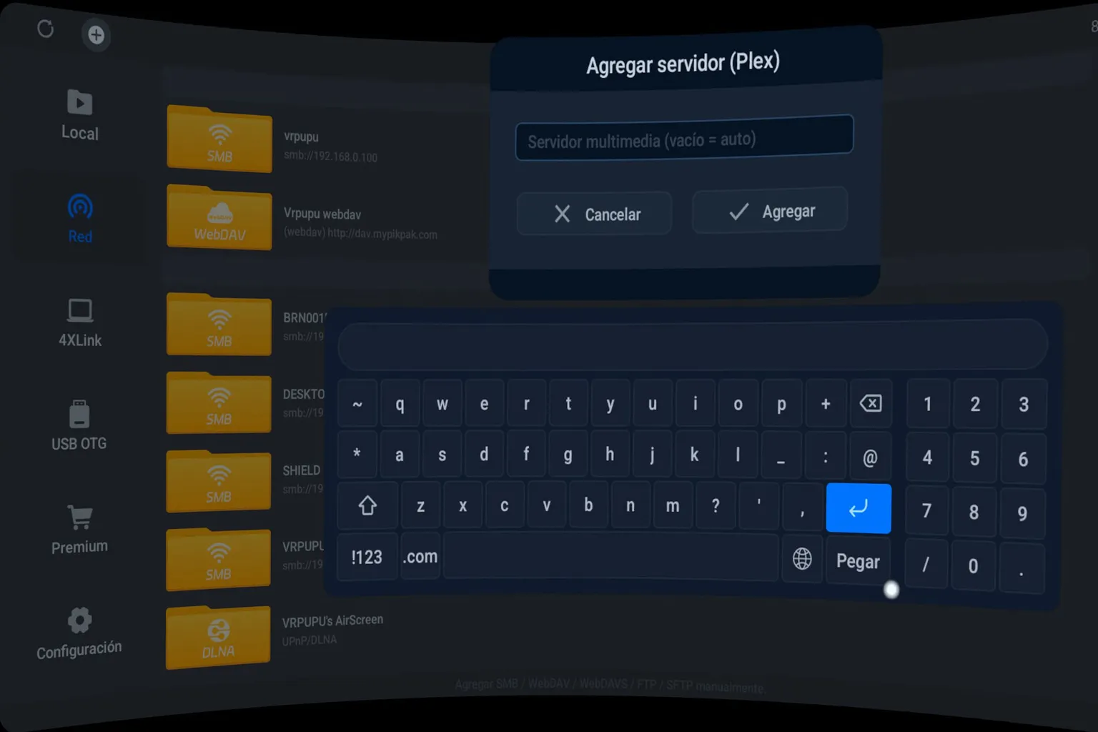 Pantalla de 4XVR Player para añadir y nombrar un servidor Plex.