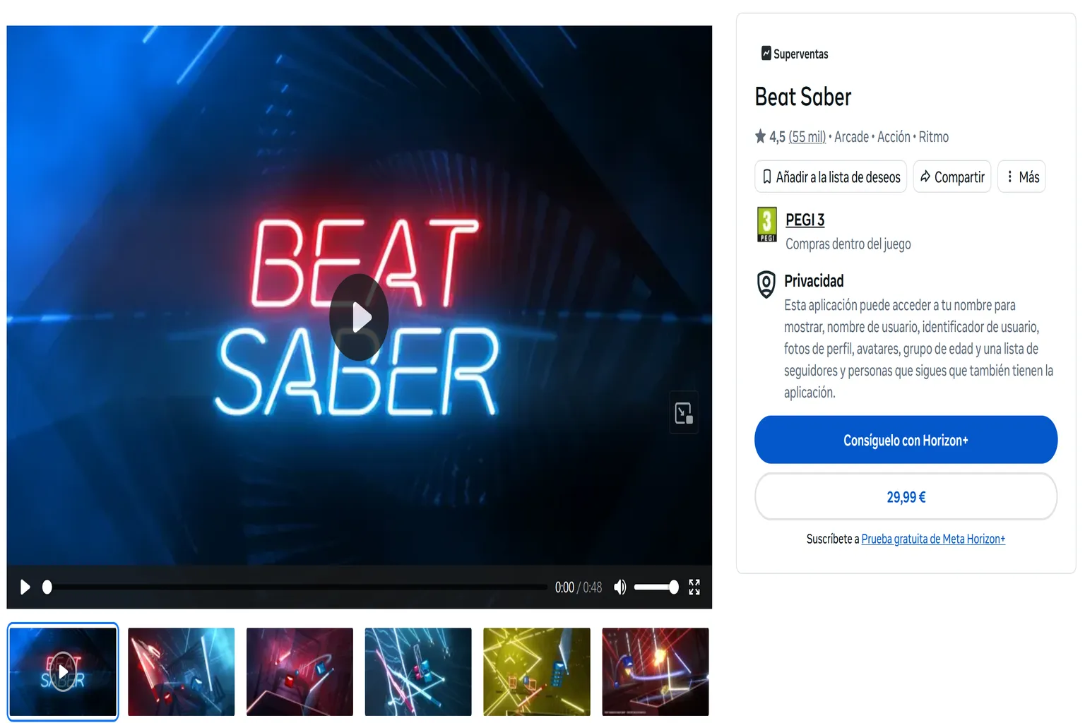 Precio de Beat Saber en la Meta Quest Store de España: 29,99 euros.