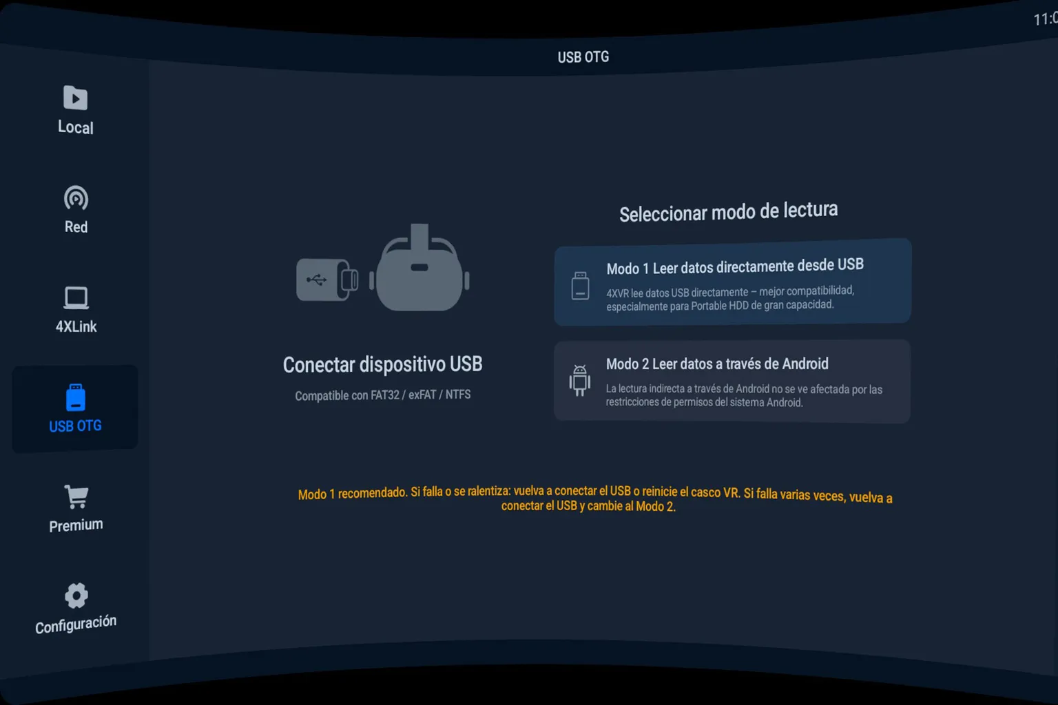 Pantalla USB OTG de 4XVR en Meta Quest para elegir entre el modo de lectura directa desde USB y el modo de lectura a través de Android.