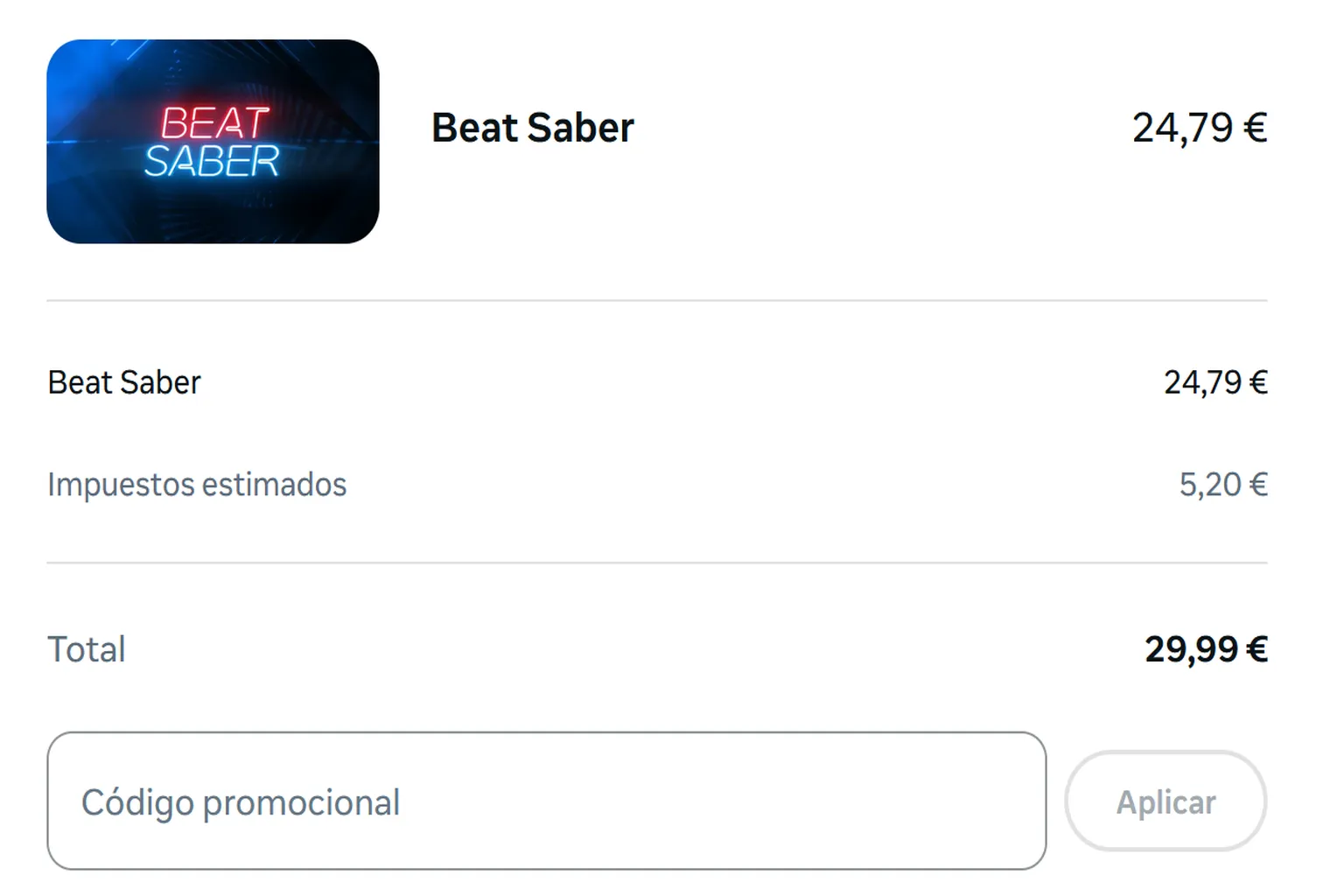 Pantalla de compra de Beat Saber en España con 5,20 euros de impuestos y un total de 29,99 euros.