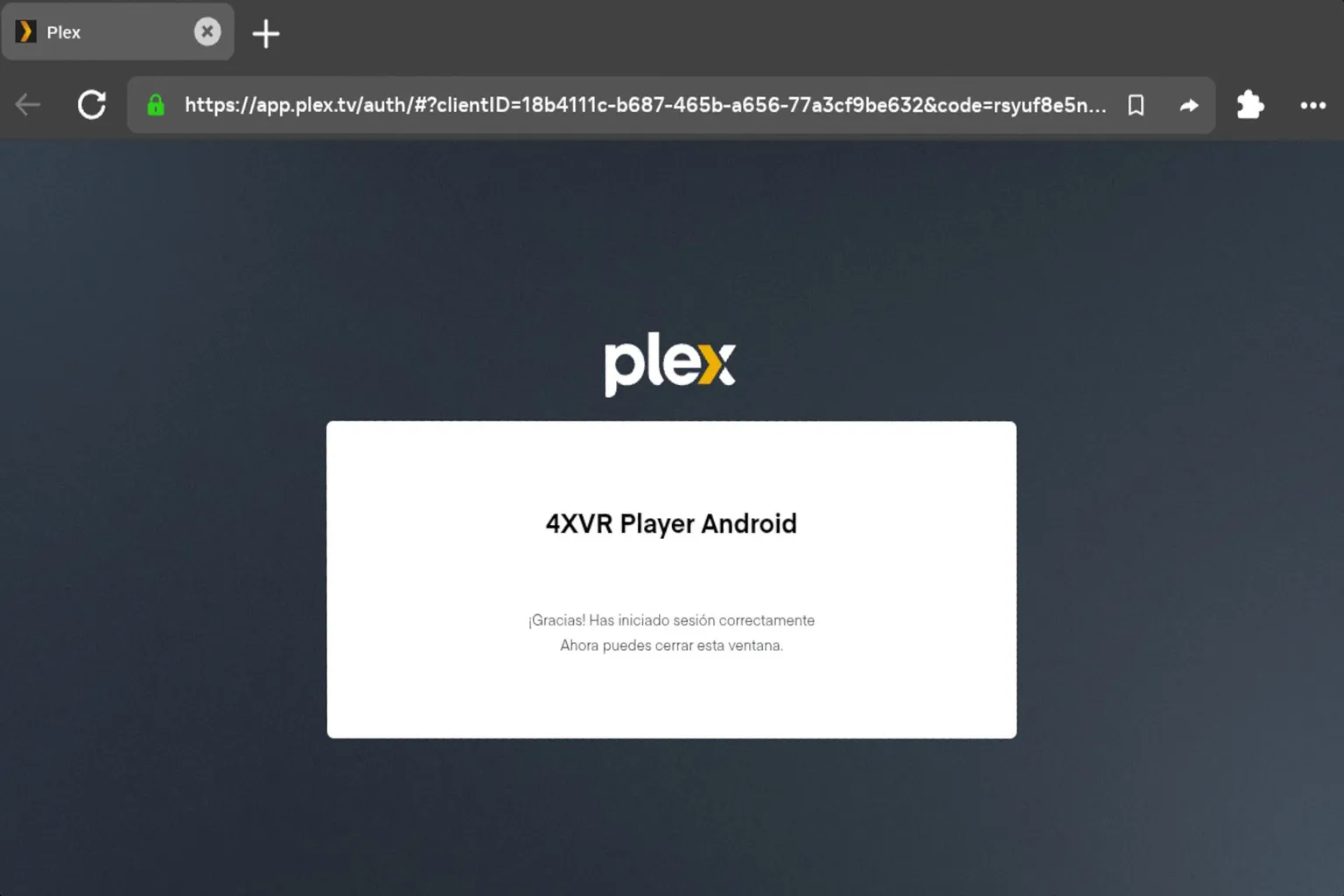 Inicio de sesión de Plex completado correctamente para 4XVR Player Android.