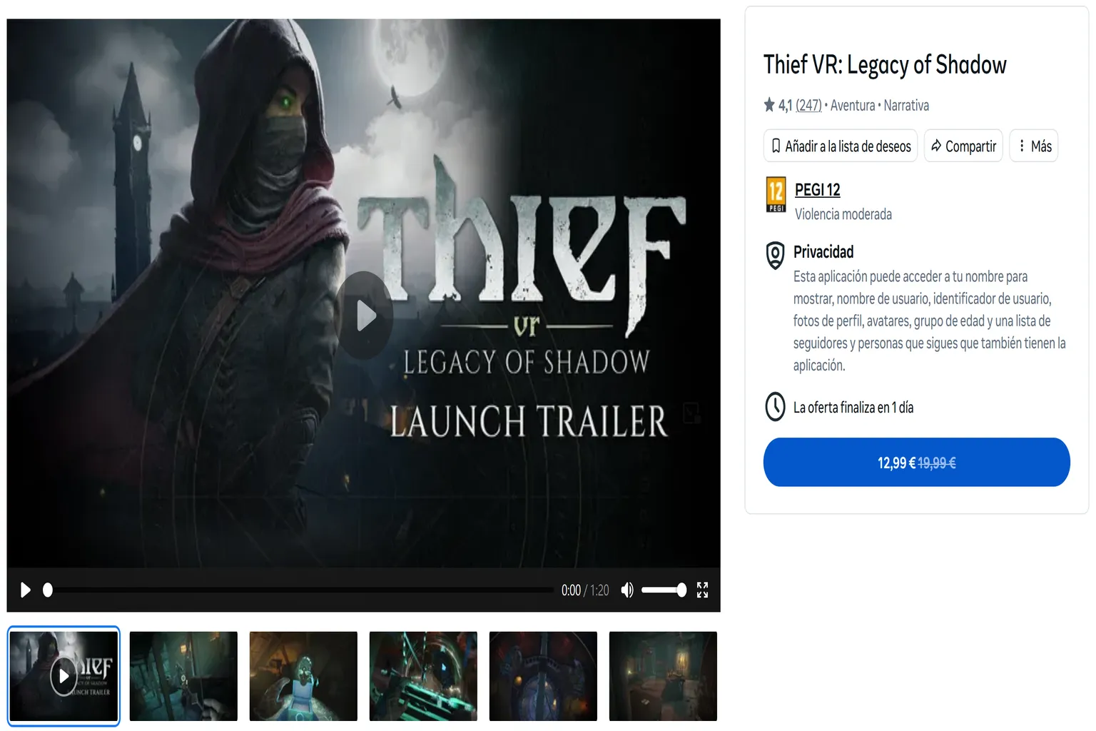 Thief VR: Legacy of Shadow rebajado a 12,99 euros en la Meta Quest Store de España.