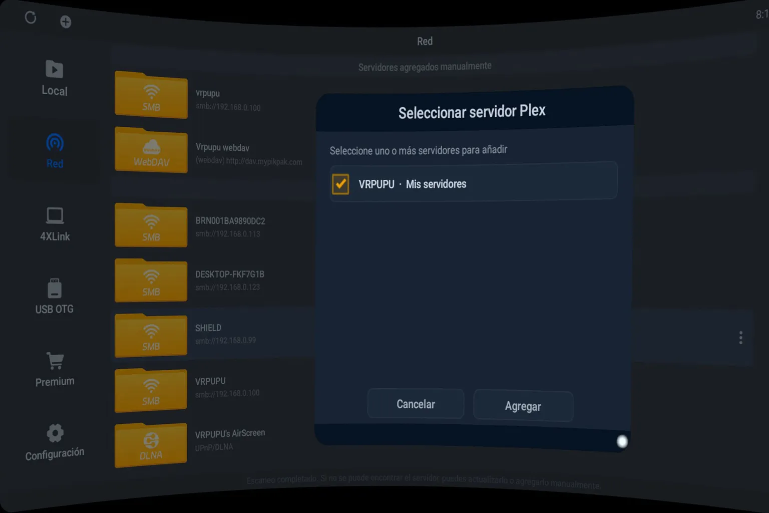 Pantalla de 4XVR Player para seleccionar el servidor Plex que se quiere añadir.