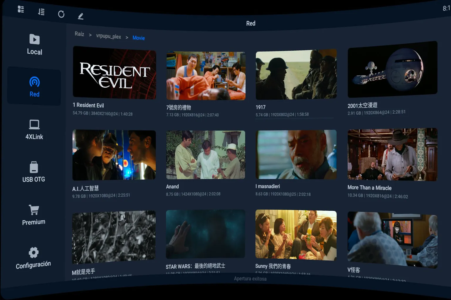 Biblioteca de películas de Plex abierta en 4XVR Player con varias películas disponibles para reproducir.