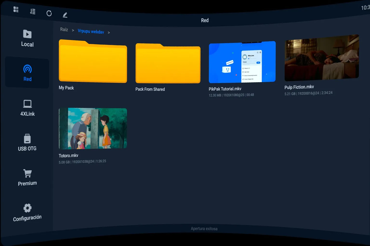 4XVR en Meta Quest mostrando carpetas y archivos de vídeo almacenados en un servidor WebDAV conectado correctamente.
