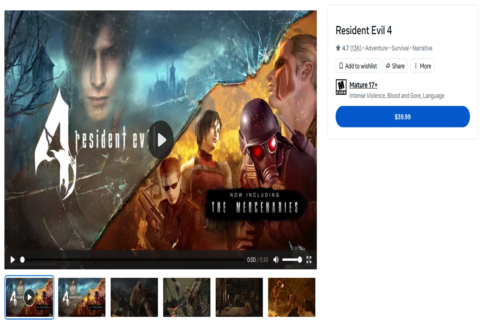 Resident Evil 4 disponible por 39,99 dólares en la Meta Quest Store de Estados Unidos.