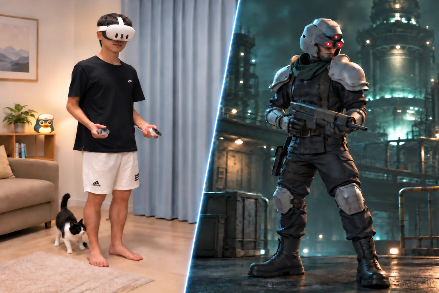 Jugador con un visor Meta Quest y mandos de VR frente a un soldado futurista armado dentro de un entorno virtual.