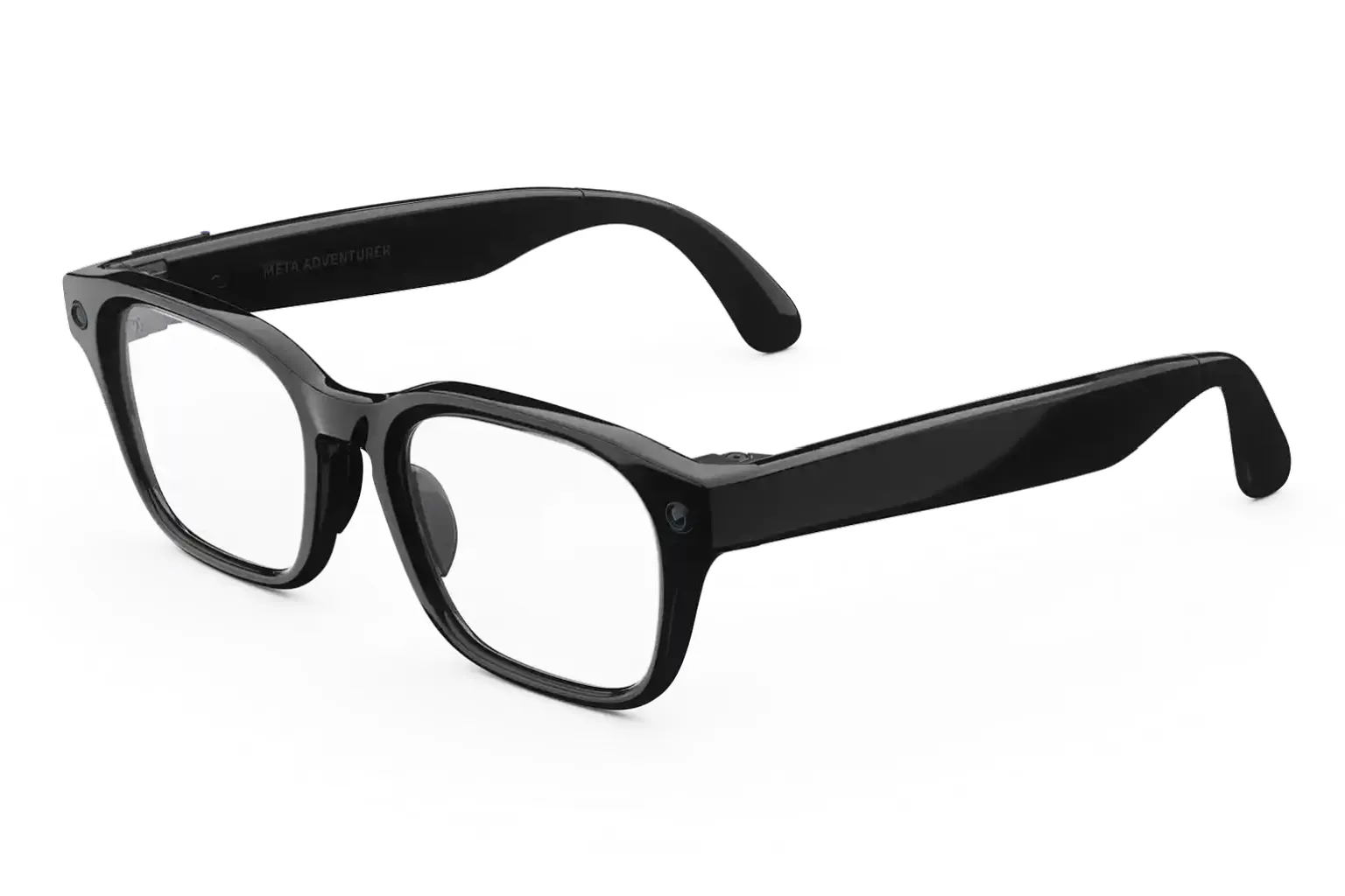 Gafas Meta AI de montura negra con cámaras integradas en las esquinas frontales y diseño similar al de unas gafas convencionales.