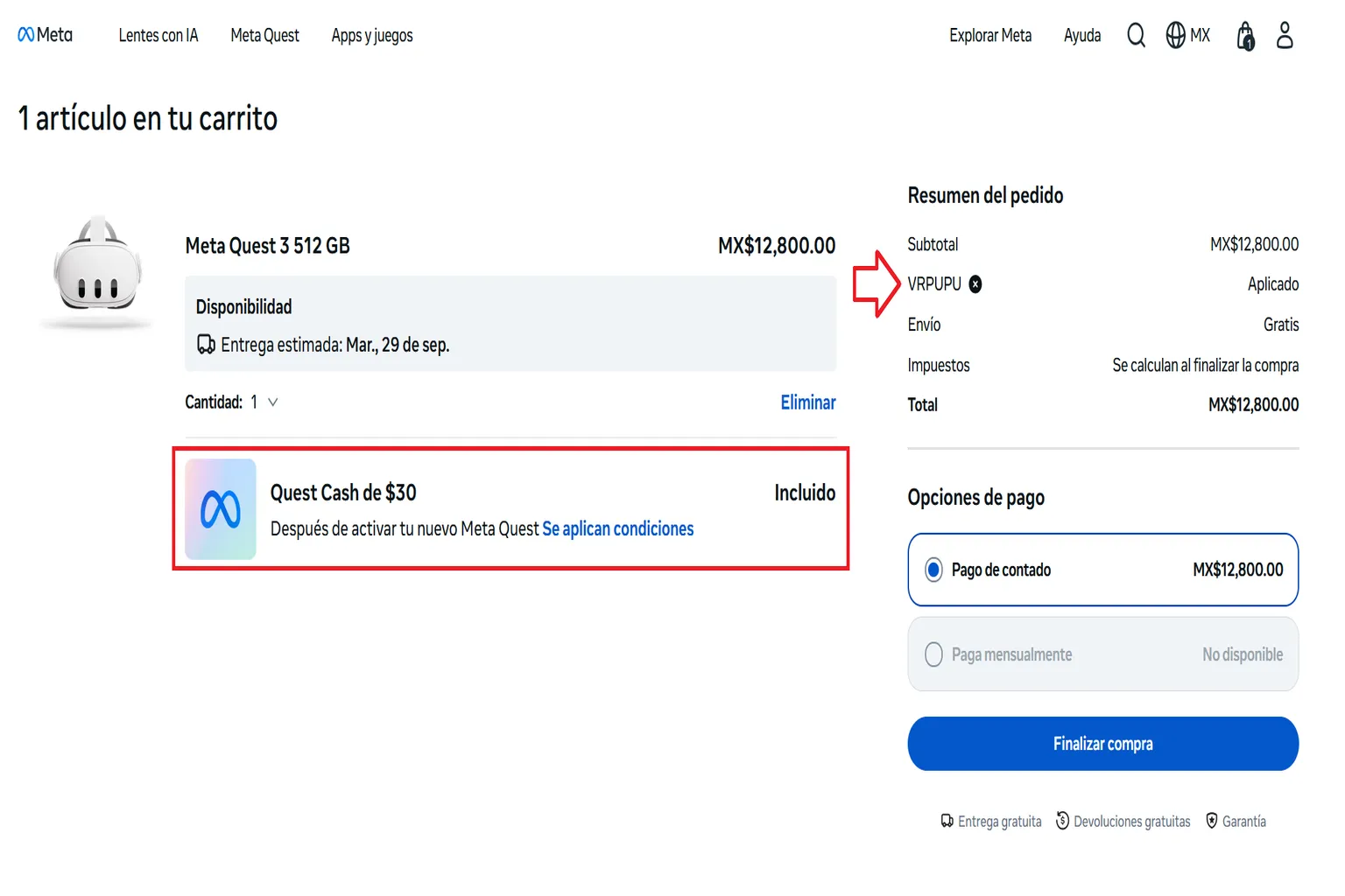 Carrito de Meta Quest 3 512 GB en México con VRPUPU aplicado y $30 de Quest Cash incluidos