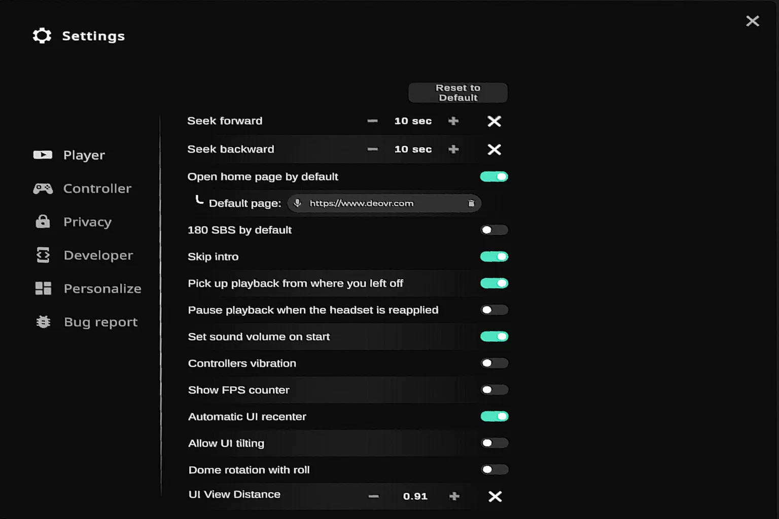 Menu Player des paramètres DeoVR avec options de lecture, reprise automatique et distance de l’interface