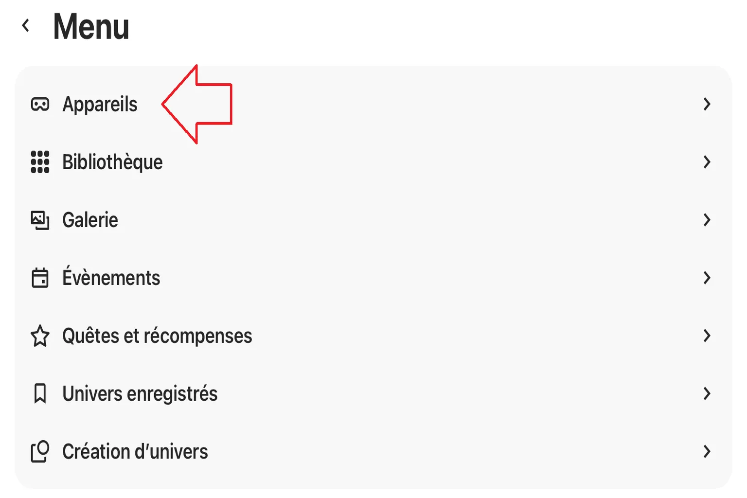 Menu de l’application Meta Horizon avec une flèche indiquant l’option Appareils pour accéder à la gestion du casque Meta Quest.