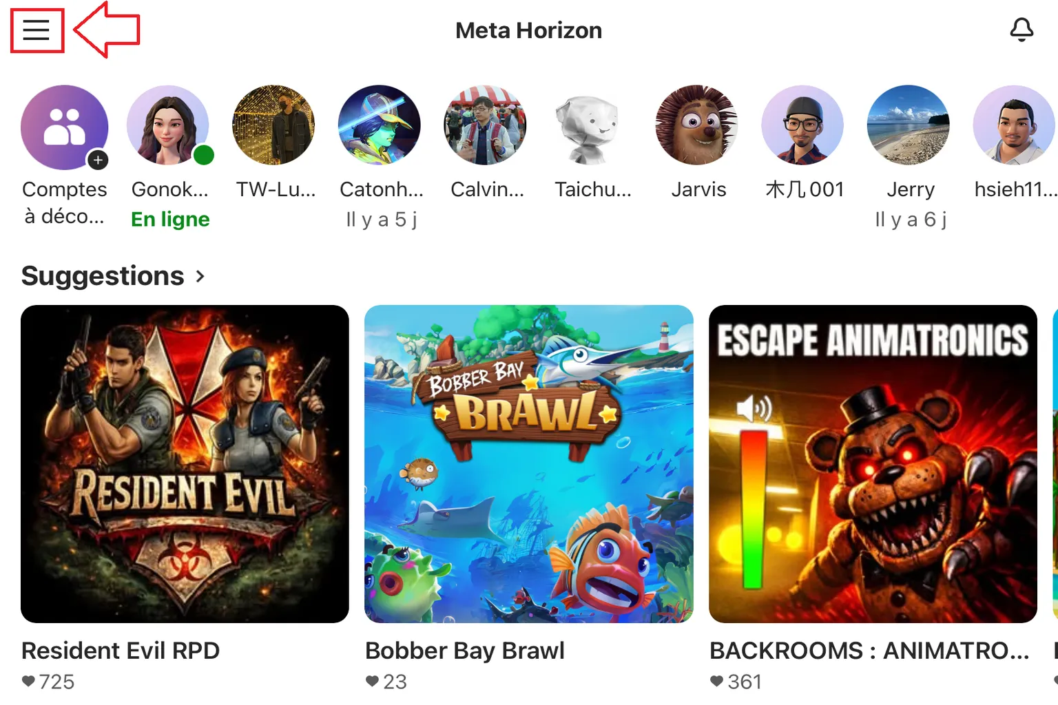 Écran d’accueil de l’application Meta Horizon avec une flèche indiquant le bouton menu en haut à gauche pour accéder aux réglages du casque Meta Quest.