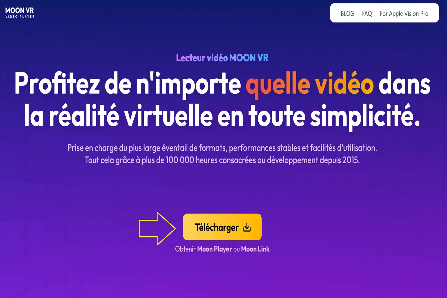 Page officielle de Moon VR Player avec le bouton de téléchargement mis en évidence pour obtenir Moon Player ou Moon Link.
