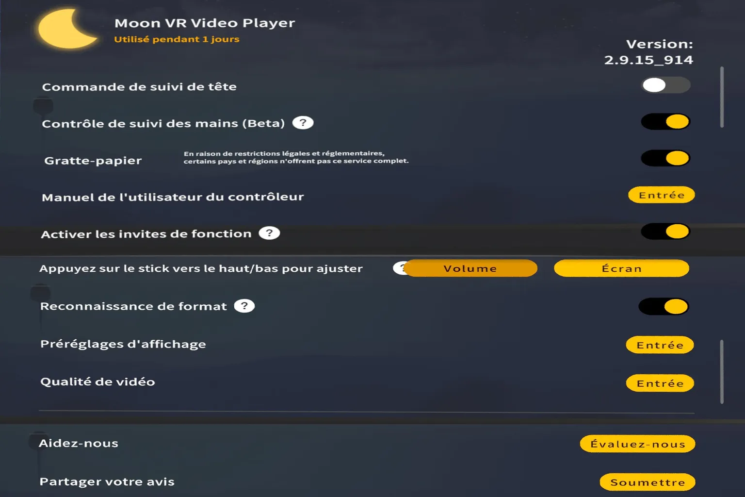 Moon VR affiche l’interface des paramètres avec les options de suivi, de format, d’affichage, de qualité vidéo et d’aide.