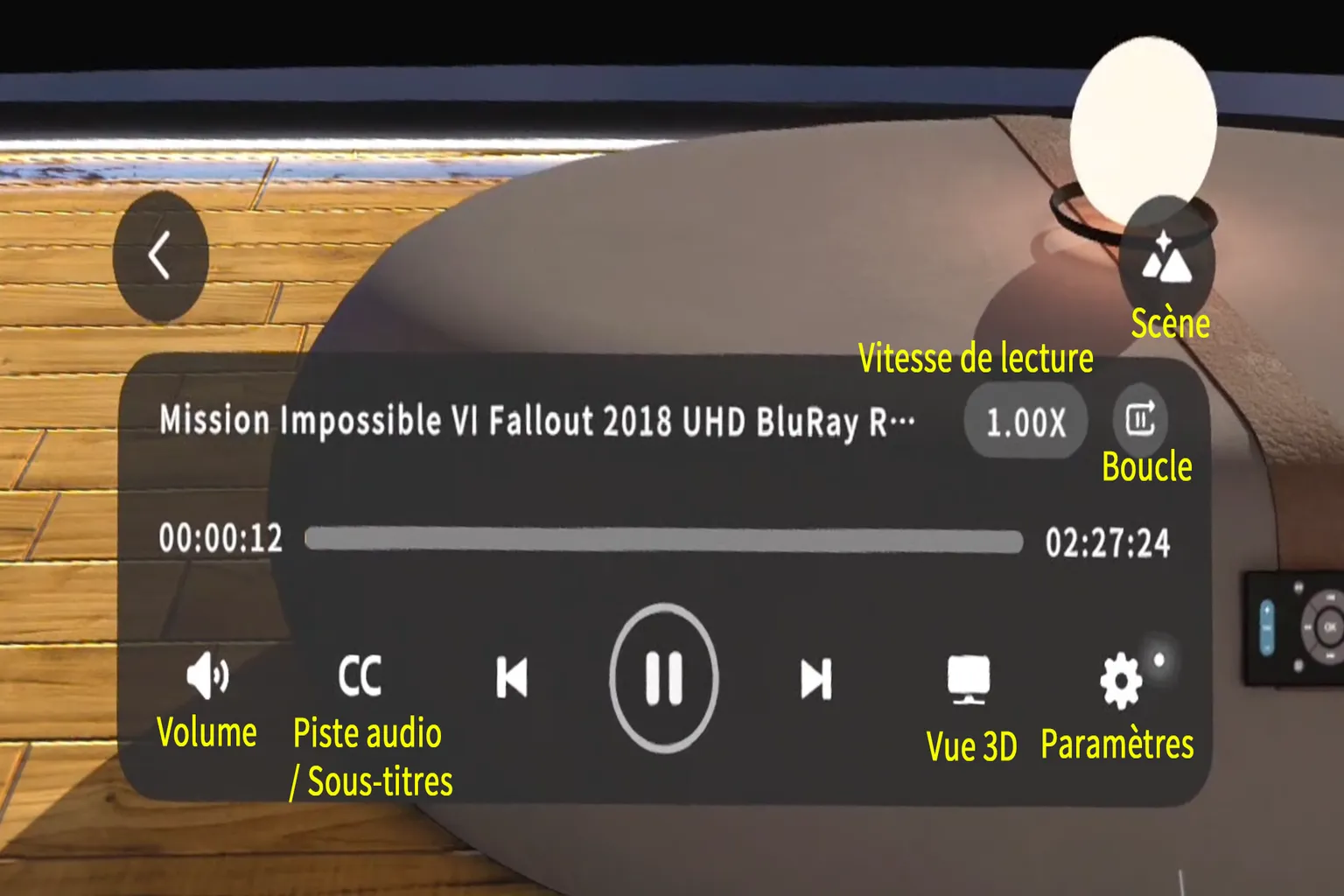 Moon VR affiche la barre de contrôle avec volume, sous-titres, piste audio, vue 3D, boucle, scène et paramètres.