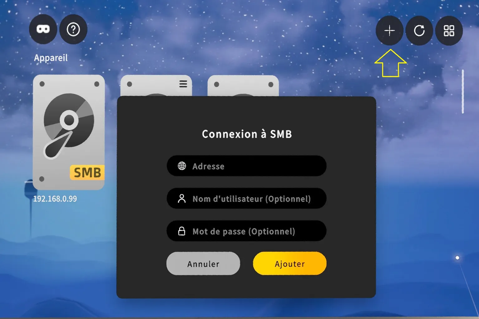 Fenêtre de connexion SMB dans Moon VR, avec les champs d’adresse, nom d’utilisateur et mot de passe pour ajouter un dossier réseau.