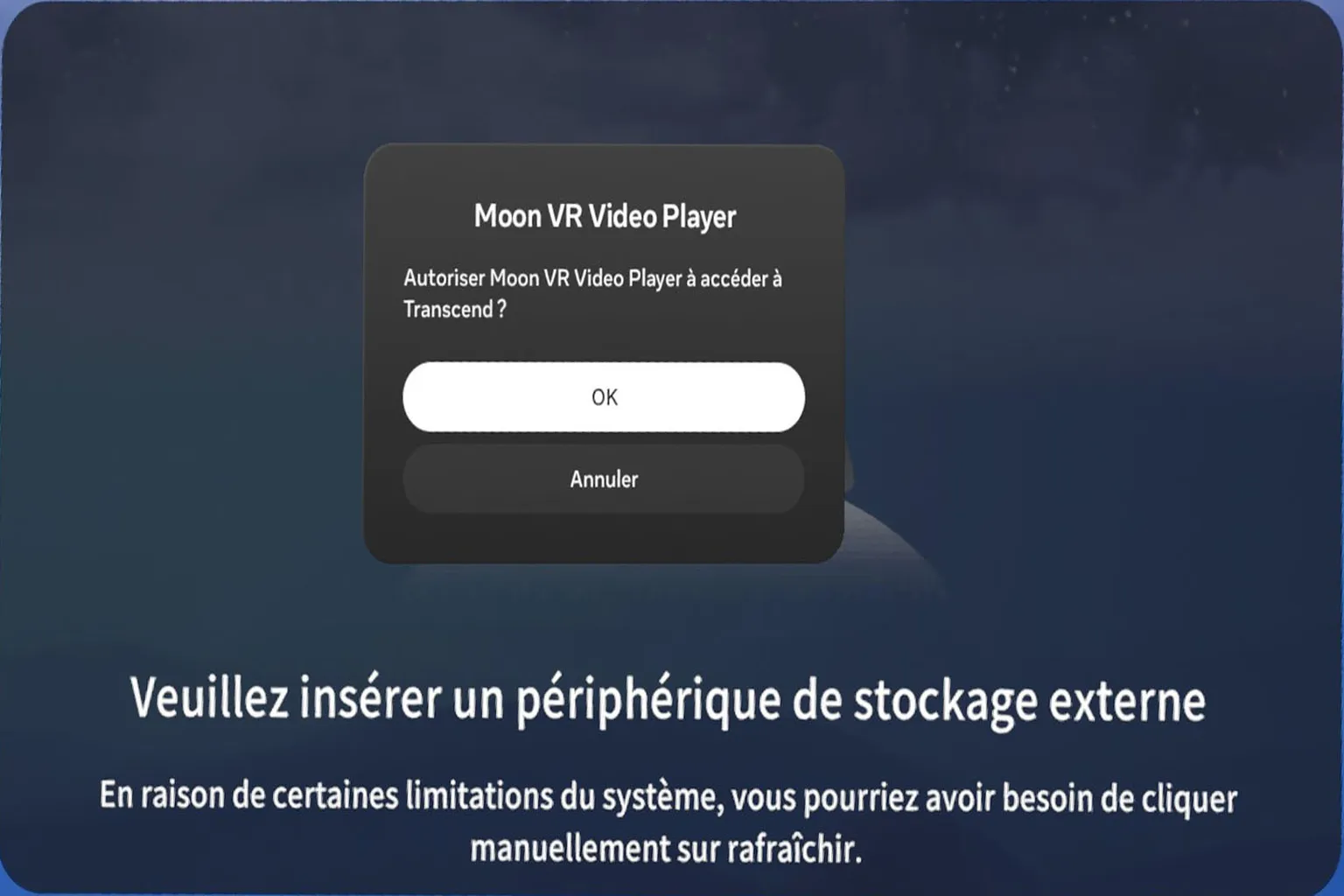 Fenêtre de permission Meta Quest demandant d’autoriser Moon VR Video Player à accéder au périphérique USB Transcend.