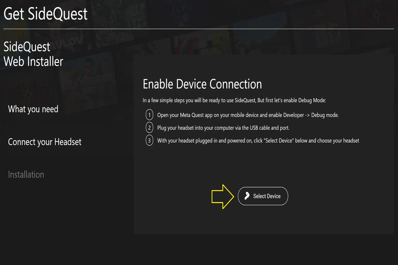 Écran SideQuest Web Installer demandant de sélectionner le casque Meta Quest connecté