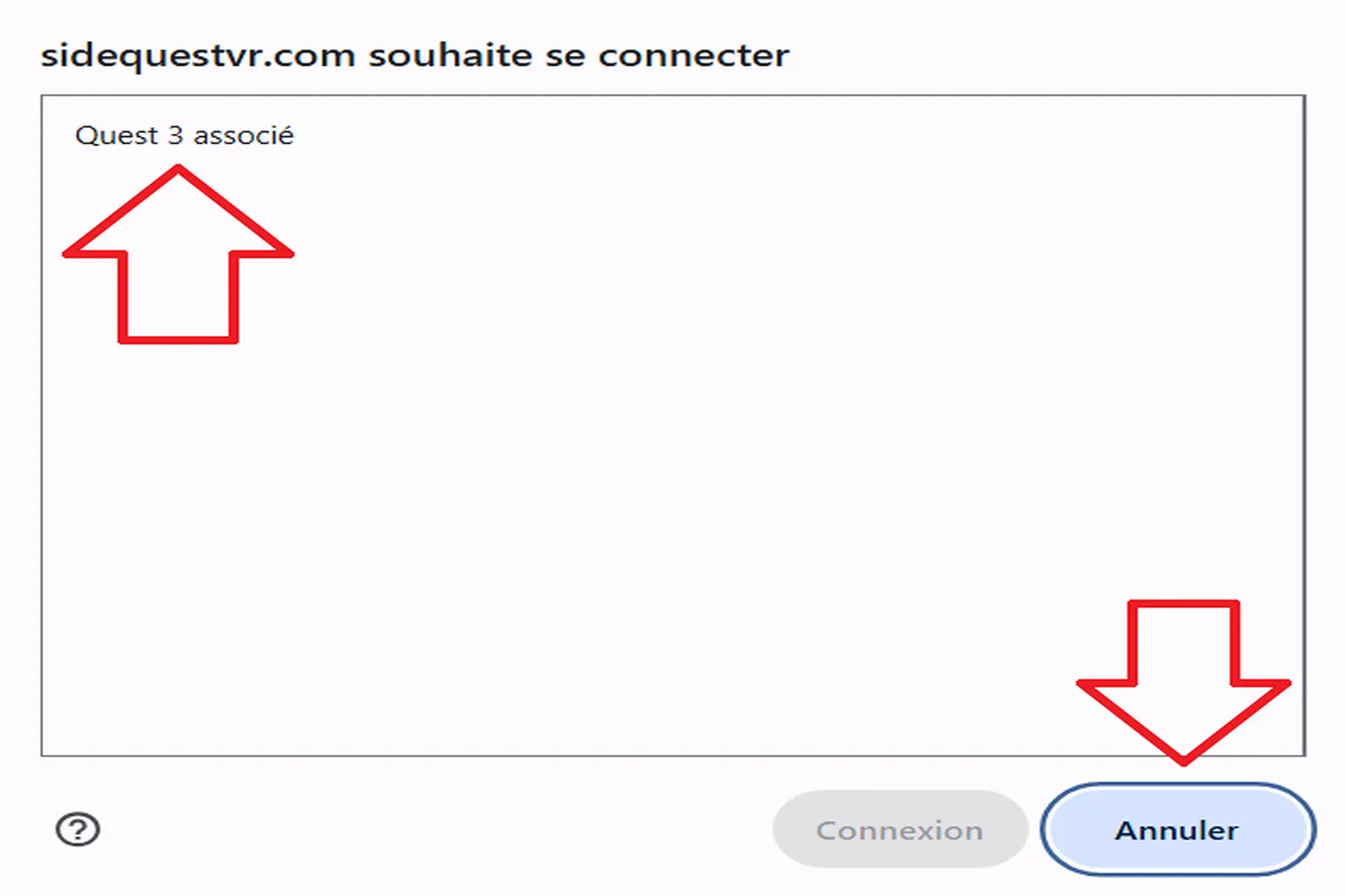 Fenêtre du navigateur demandant de choisir le Quest associé pour connecter SideQuest