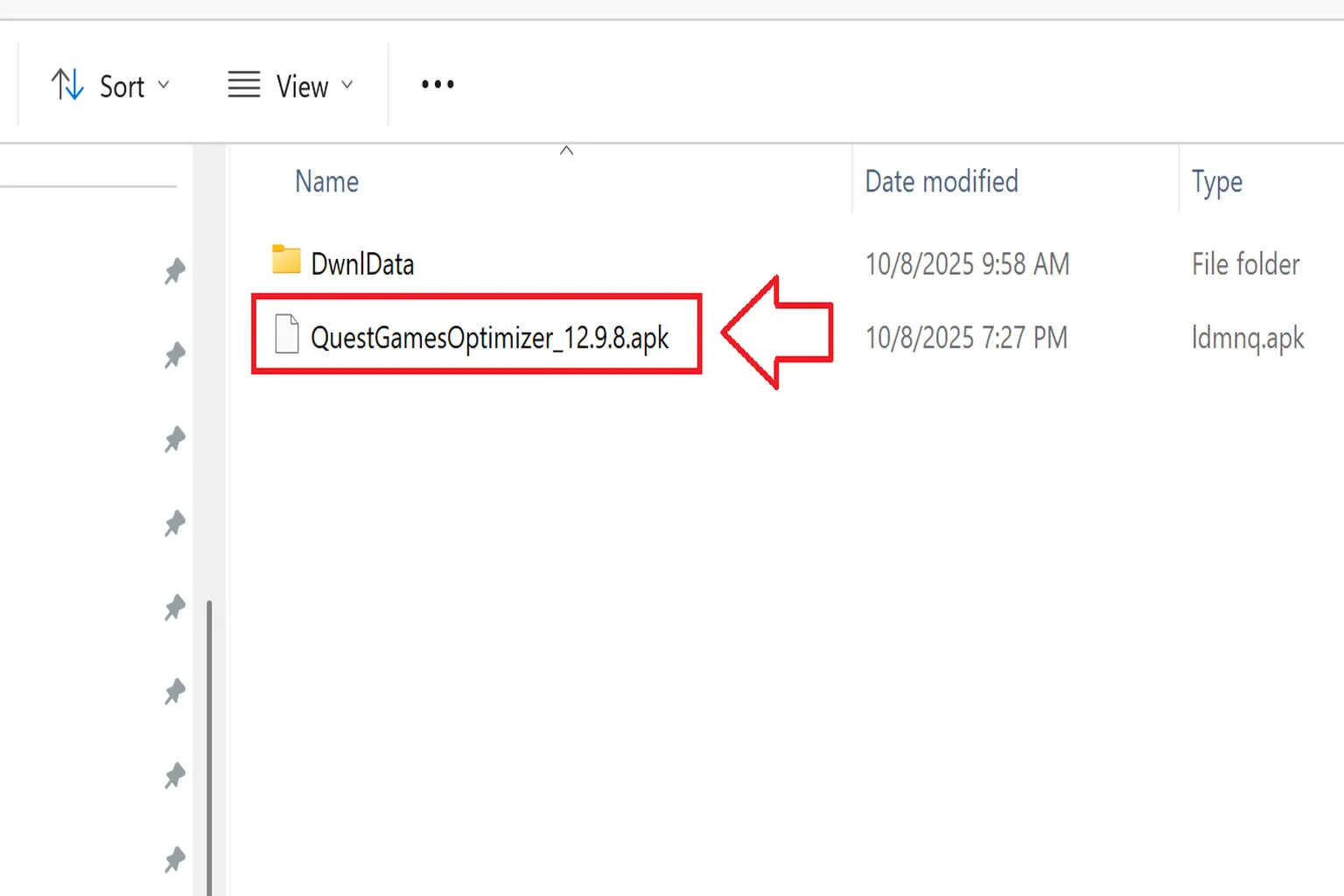 Dossier Windows affichant le fichier APK de Quest Games Optimizer