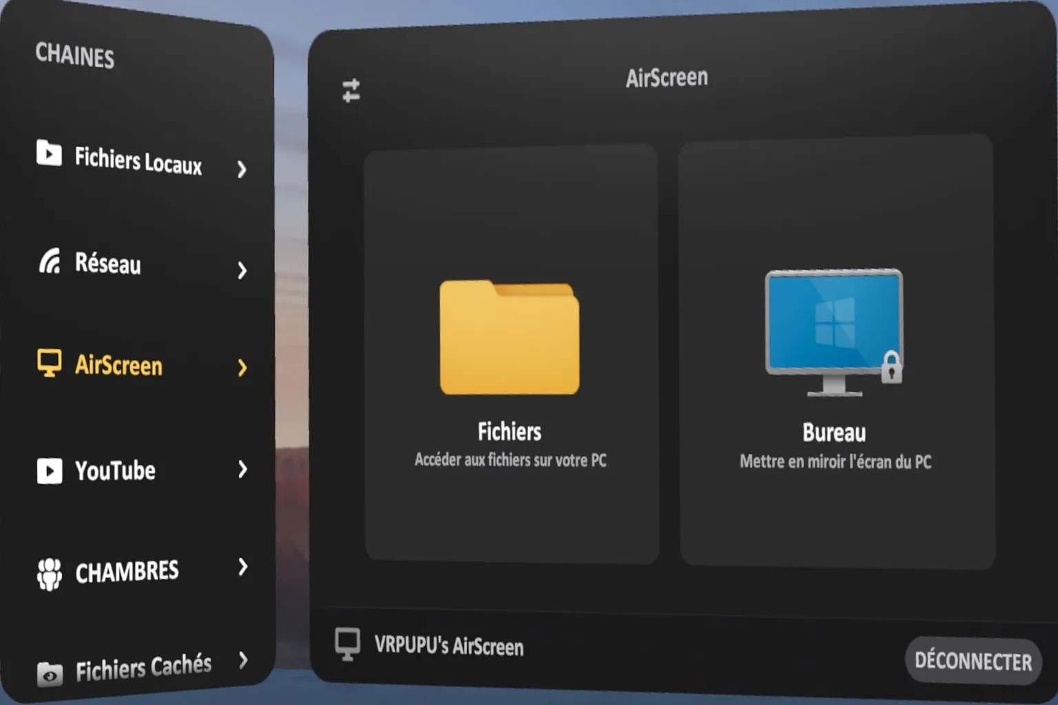 Menu AirScreen de SKYBOX VR avec les options Fichiers et Bureau