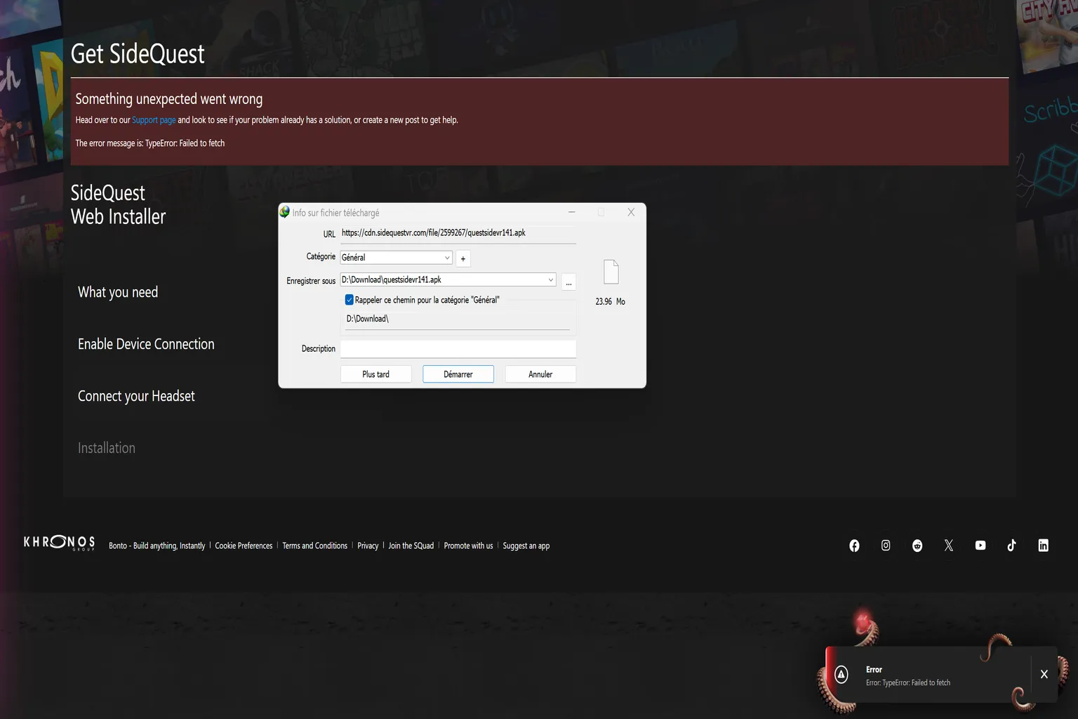 Erreur SideQuest Web Installer avec message Failed to fetch pendant l’installation