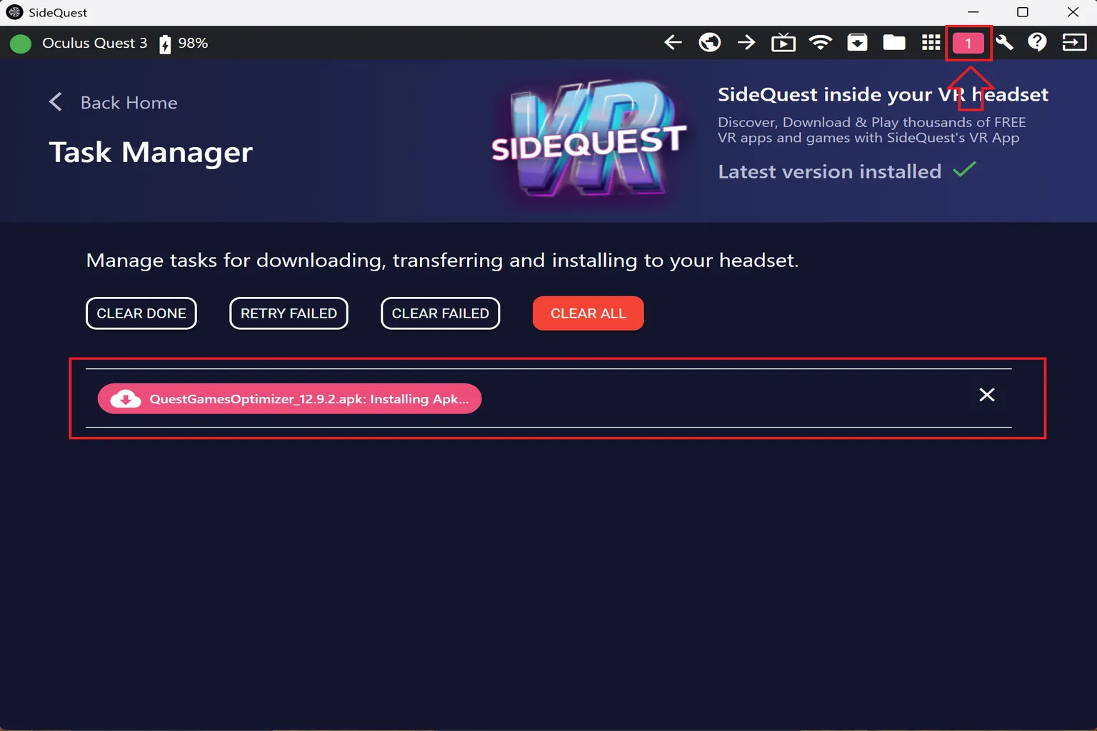 SideQuest affichant le message de réussite après l’installation du fichier APK.