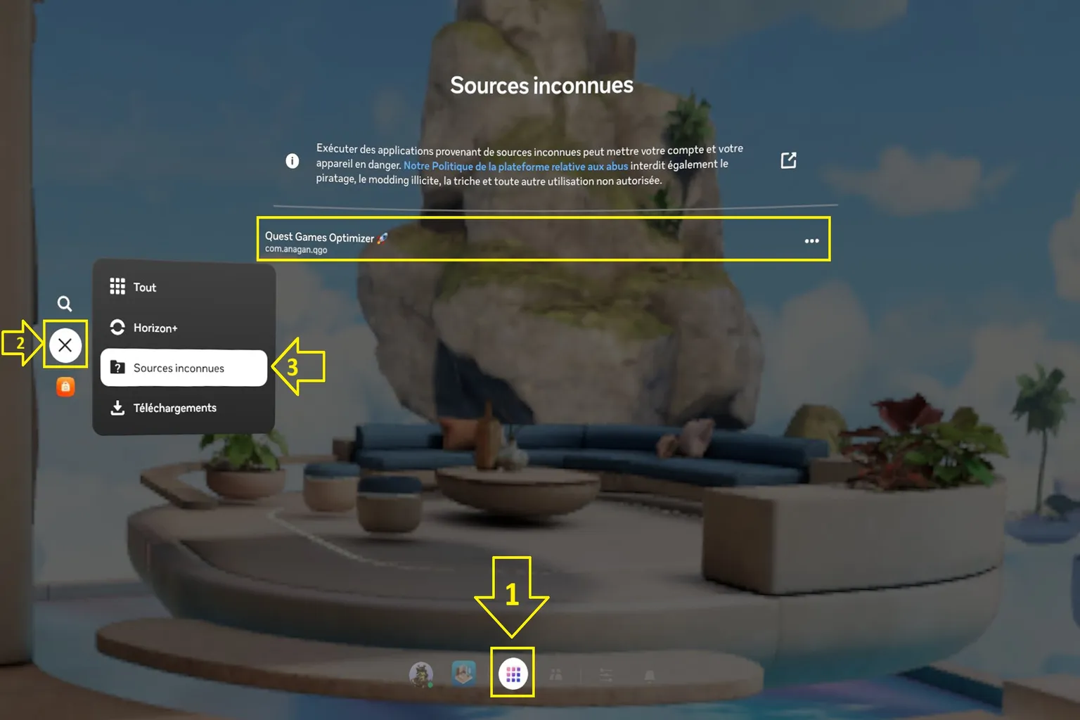 Bibliothèque du Meta Quest ouverte sur Sources inconnues, avec l’app installée qui apparaît dans la liste.
