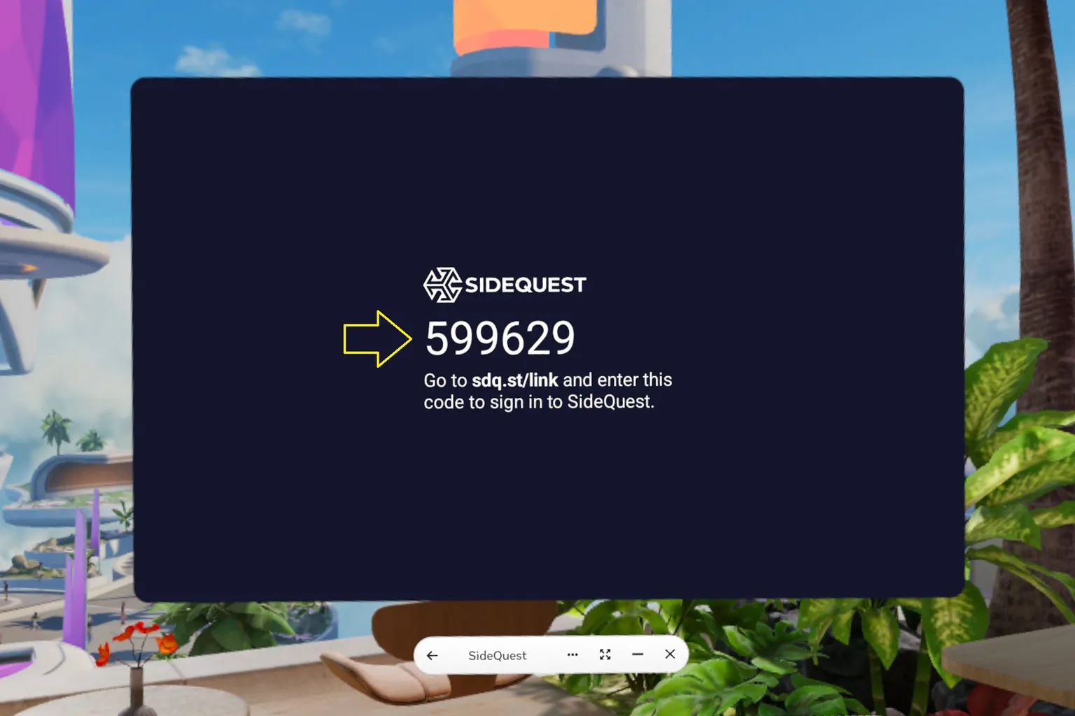 Code d’association SideQuest affiché dans le casque Meta Quest pour la connexion