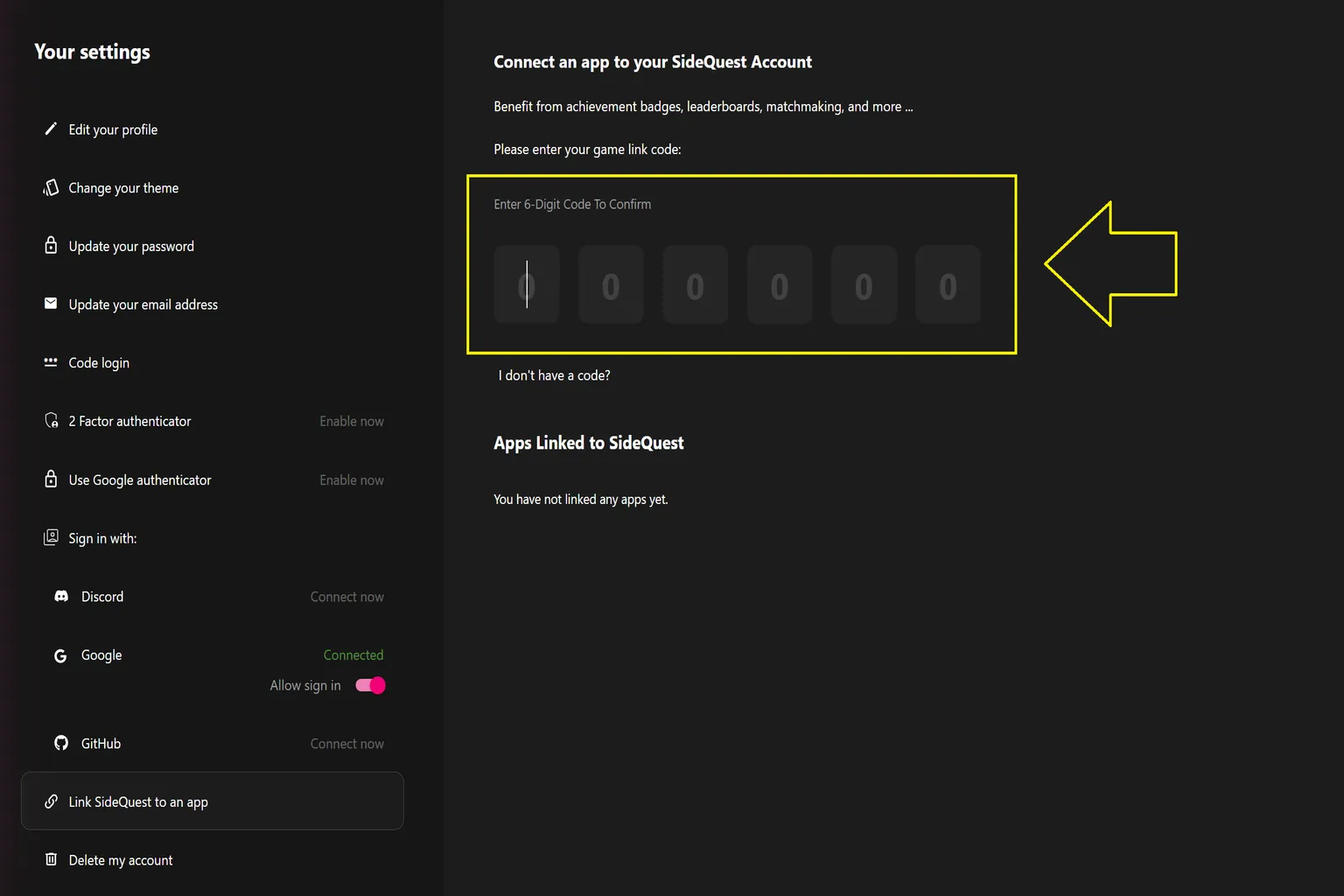 Page de compte SideQuest avec champ pour saisir le code de liaison à six chiffres