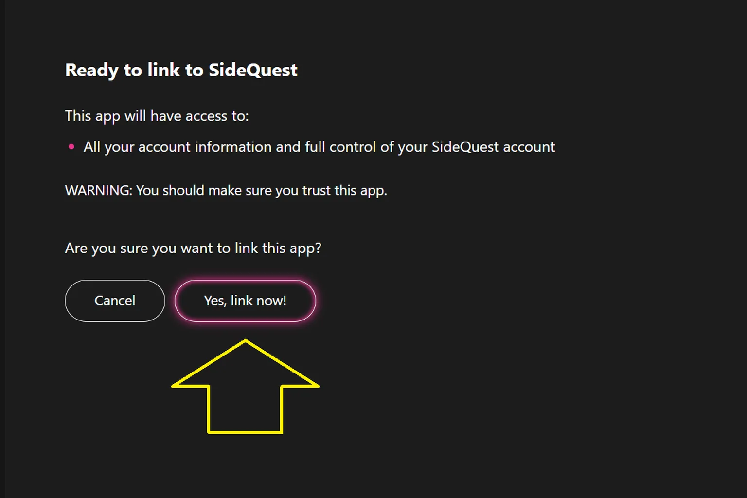 Écran SideQuest demandant de confirmer la liaison de l’application avec le compte SideQuest