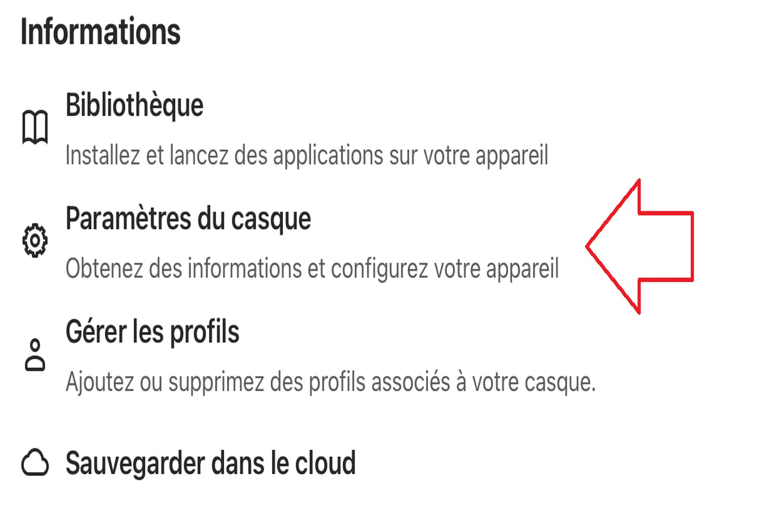 Écran Informations de l’application Meta Horizon avec une flèche indiquant Paramètres du casque pour configurer le Meta Quest.