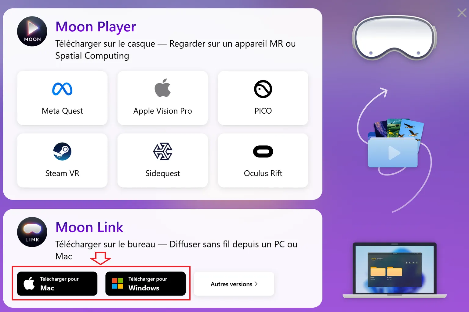 Page de téléchargement Moon Player et Moon Link avec les options Meta Quest, Apple Vision Pro, PICO, Steam VR, Mac et Windows.