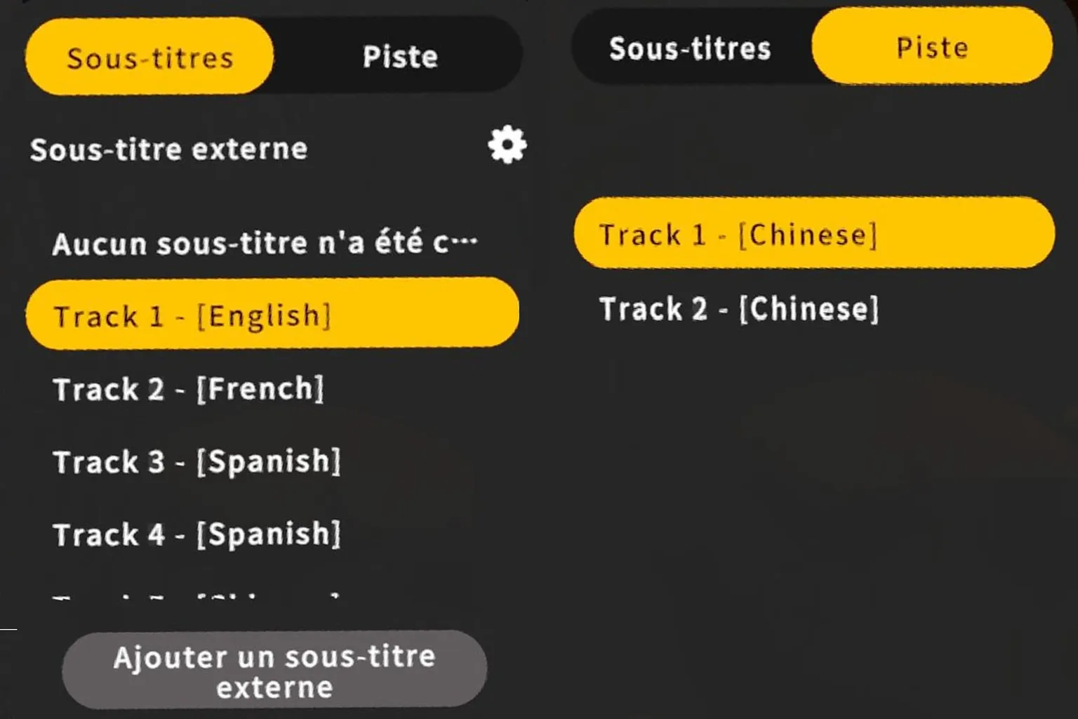 Moon VR affiche le menu des sous-titres et des pistes audio, avec plusieurs langues et pistes disponibles.