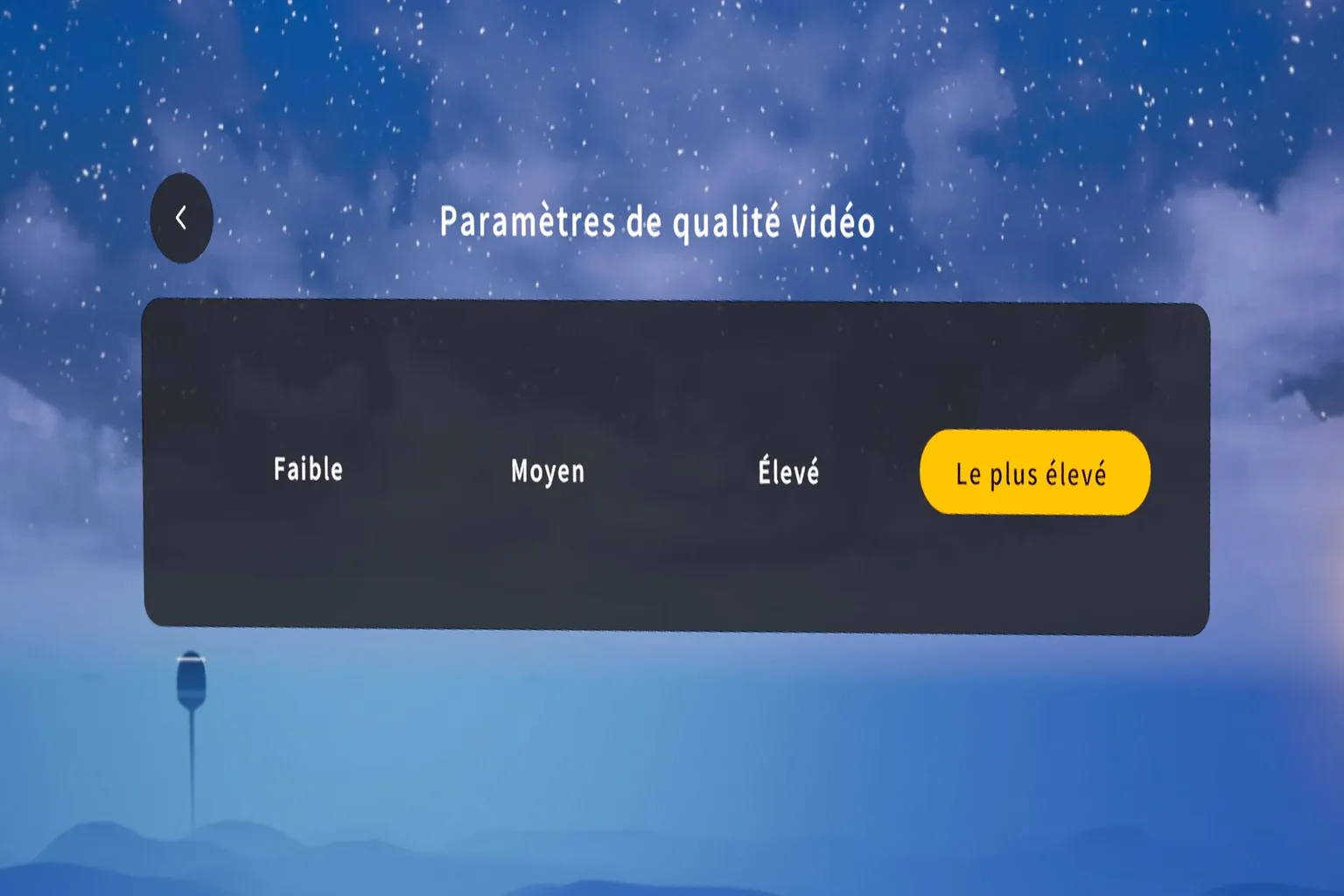 Moon VR affiche les options de qualité vidéo, avec les choix faible, moyen, élevé et le plus élevé.