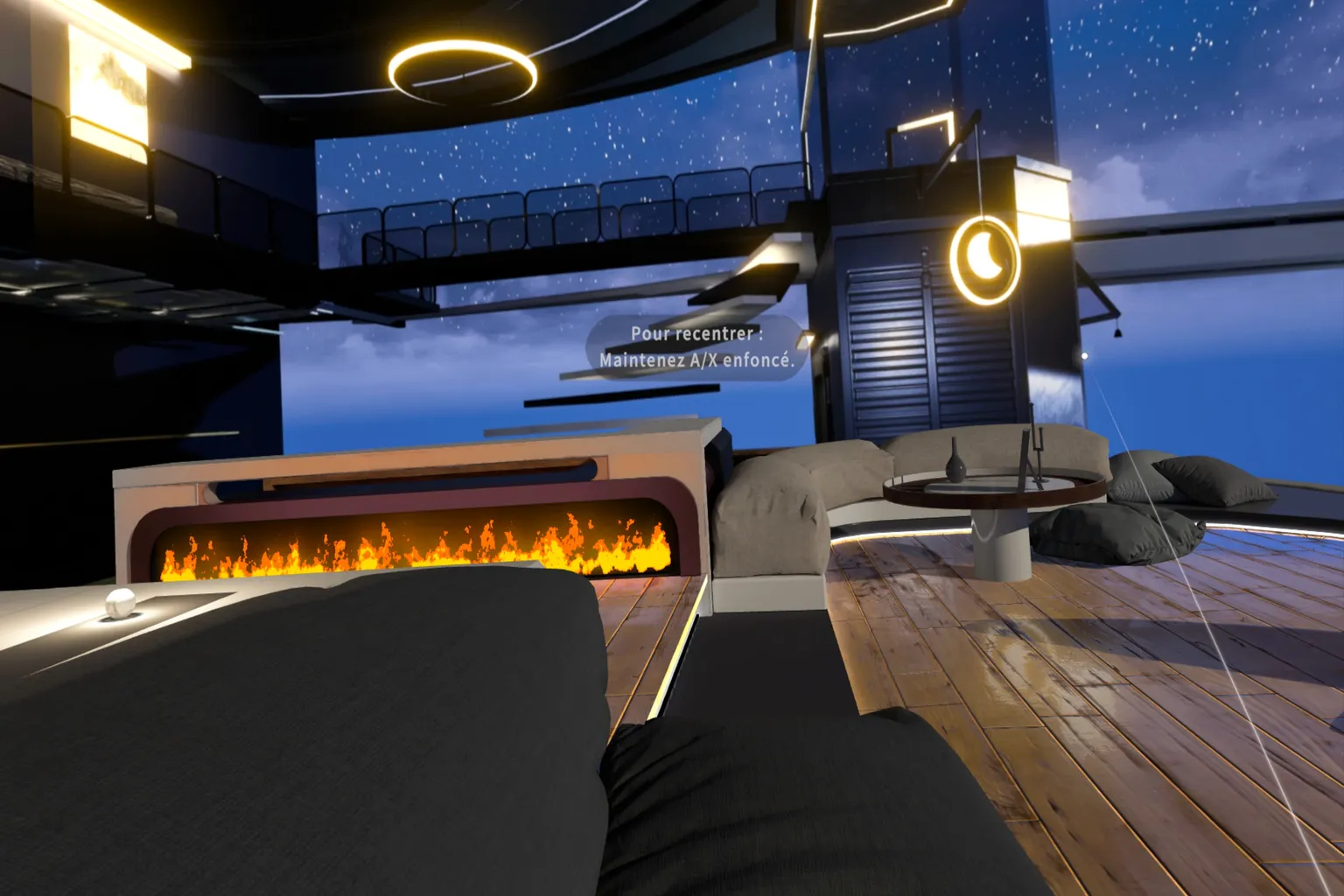 Salon virtuel de Moon VR Player avec canapé, cheminée, ciel étoilé et message pour recentrer la vue avec A/X.