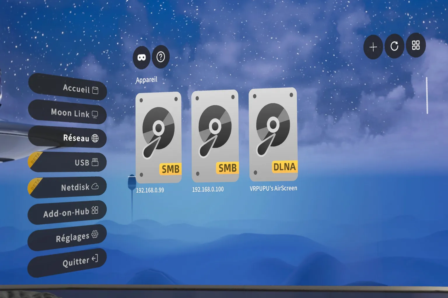 Moon VR affiche plusieurs sources réseau détectées, dont deux partages SMB et un serveur DLNA prêts à être ouverts.
