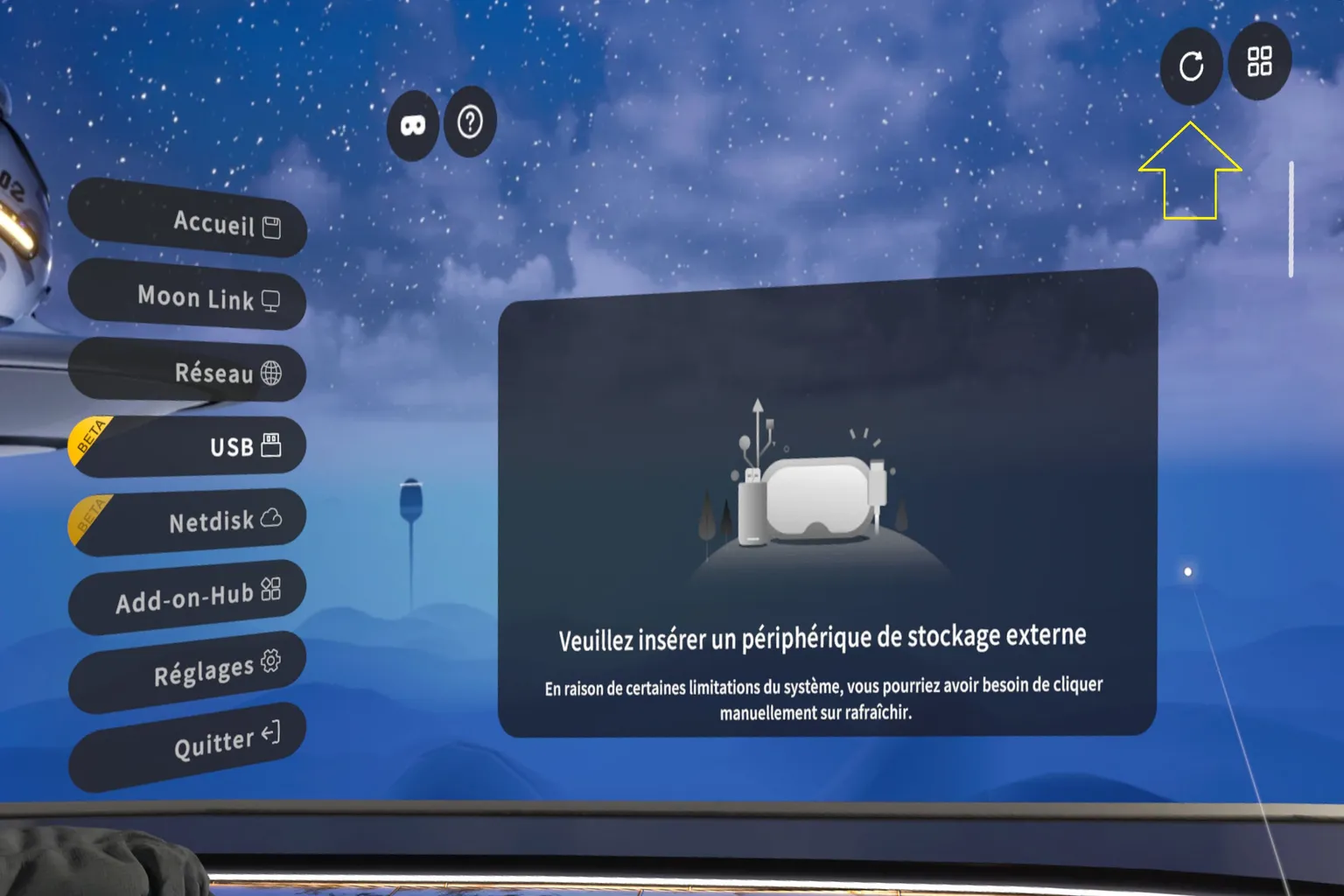 Moon VR affiche un message demandant d’insérer un périphérique de stockage externe et de rafraîchir manuellement si nécessaire.