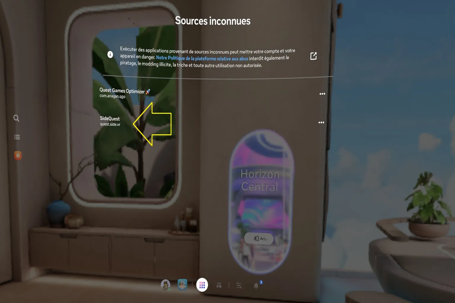Liste Sources inconnues du Meta Quest avec SideQuest sélectionné pour lancer l’application installée