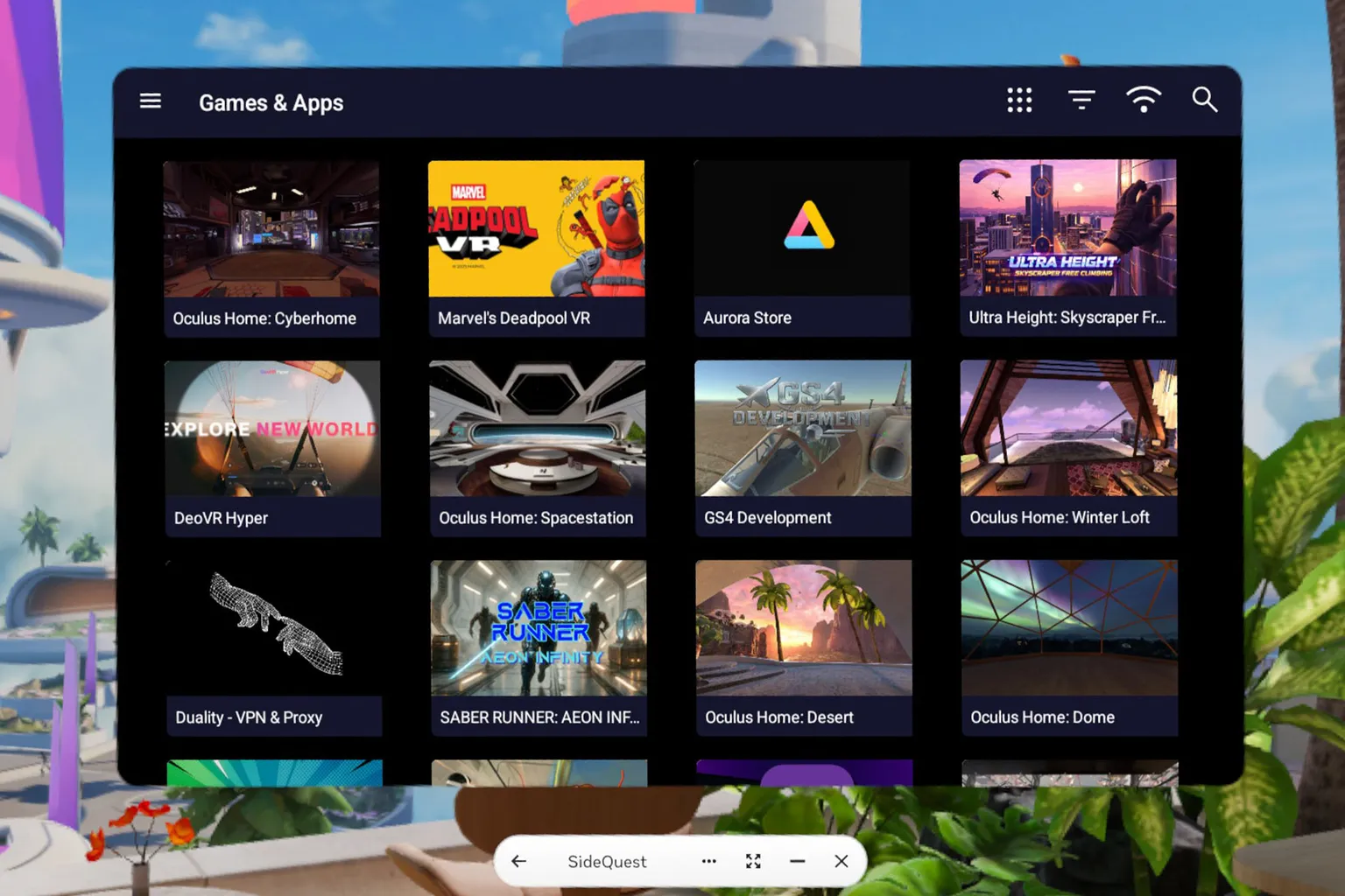 Interface SideQuest dans le casque, avec la liste des apps et jeux disponibles dans la boutique SideQuest.