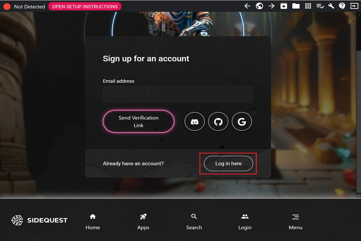 Écran d’inscription SideQuest sur PC avec bouton Log in here encadré